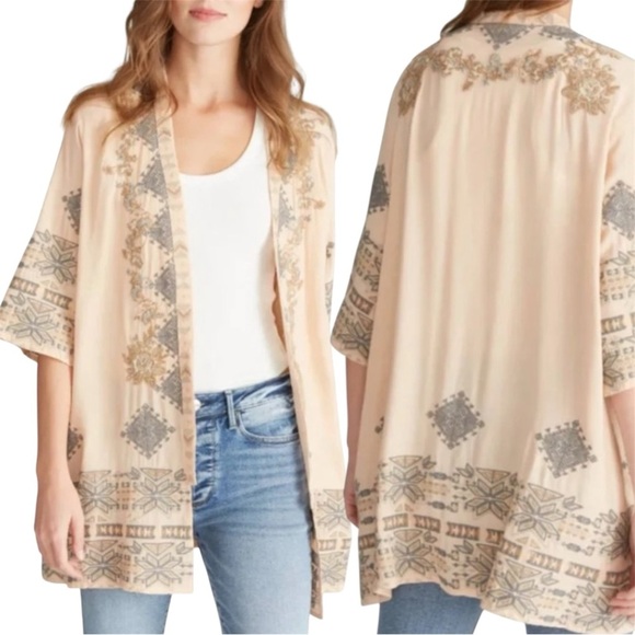 Driftwood Joelle Peach Embroidered Open Front Topper Cardigan Boho Peasant Small - Picture 2 of 16